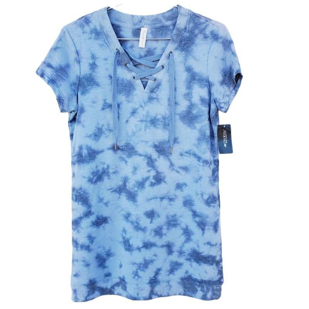 Ideology Women Tunic Blue Tie Dye Tunic Top Lace Up Tshirt Dress Stretch S NEW